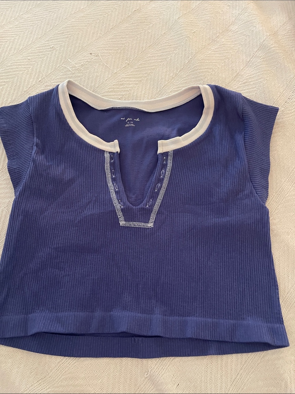 Urban Outfitters Navy Ribbed Henley Tank with White Trim